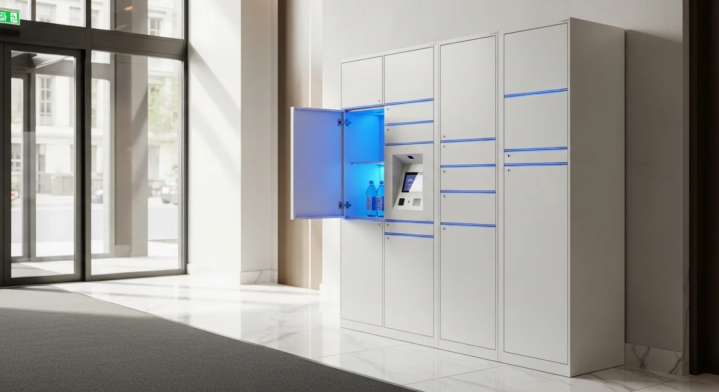 Consigne connectée Pakadom dans un hall d'immeuble moderne — casier ouvert avec bouteilles d'eau et éclairage LED bleu