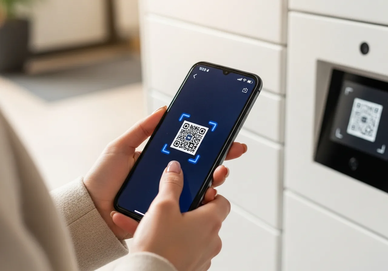 Résidente scannant le QR code d'un casier Pakadom avec son smartphone